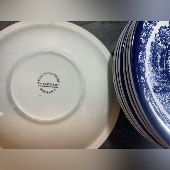 Set of 8 Staffordshire Farmhouse Blue & White Ironstone Shallow Bowls or Plates - Picture 3 of 5